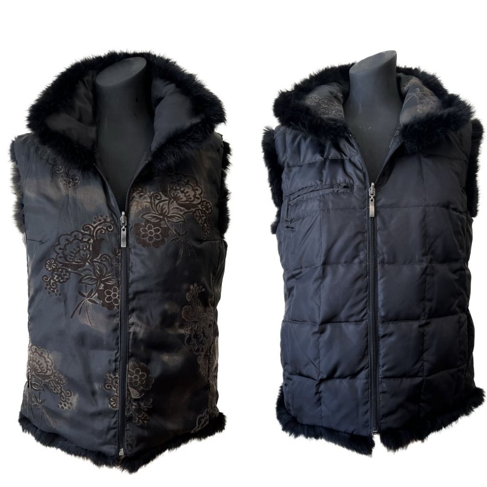Down Feathers Filled Reversible Quilted Fur Trim Puffer Vest, Size M